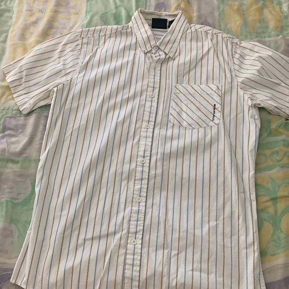 Transnine white button down with blue & brown pattern stripes, size m - Picture 1 of 2